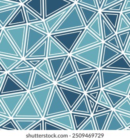 Triangles background design. Medium triangles size. Solid shapes in frames. Mono tone style. Repeatable pattern. Stylish vector tiles. Ocean Blue Palette. Seamless vector illustration.