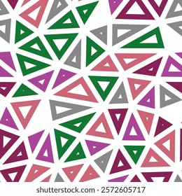 Triangles background design. Medium triangle size. Multiple colors style. Geometric shapes outlined. Repeatable pattern. Berry Greenery Blend. Stylish vector tiles. Seamless vector illustration.