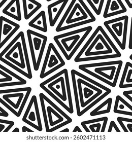 Triangles background design. Multiple repeated inner triangles. Big shape size. Black and white style. Seamless pattern. Stylish vector tiles. Creative vector illustration.
