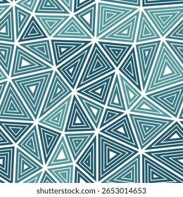 Triangles background design. Multiple repeated inner triangles. Large shape size. Multiple colors style. Seamless pattern. Stylish vector tiles. Trending vector illustration.