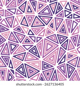 Triangles Background. Medium shape size. Multiple repeated inner triangles. Multicolored style. Repeatable pattern. Beautiful vector tiles. Seamless vector illustration.