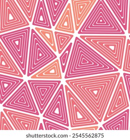 Triangles Background. Multiple repeated inner triangles. Large shape size. Multiple colors in a seamless pattern. Beautiful vector tiles. Modern vector illustration.
