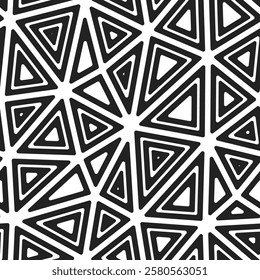 Triangles Background. Multiple repeated inner triangles. Big shape size. Black and white style. Seamless pattern. Beautiful vector tiles. Amazing vector illustration.