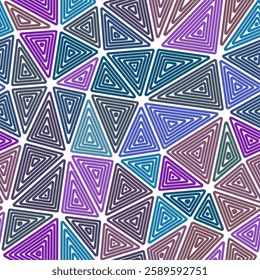 Triangles Background. Multiple repeated inner triangles. Large shape size. Multiple colors style. Seamless pattern. Beautiful vector tiles. Elegant vector illustration.