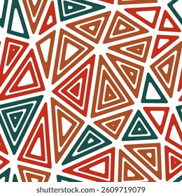 Triangles background. Multiple repeated inner triangles. Big shape size. Multiple colors style. Seamless pattern. Beautiful vector tiles. Artistic vector illustration.