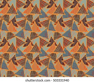 Triangles blue and brown striped.Hand drawn with ink seamless background.Creative handmade repainting design for fabric or textile.Geometric pattern with triangles.Vintage retro colors