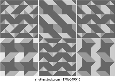 Triangles, checks, squares, rhombuses, diamonds, pickets, stars, figures seamless patterns collection. Geometrical ethnic ornaments set. Tribal backgrounds kit. Folk prints. Patchwork motif. Abstract