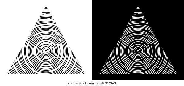 Triangles with circle lines. Can be used as logo, icon, tattoo. Black triangle over white background and white triangle over black background.
