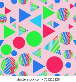 Triangles, circles abstract  seamless  pattern, stripes. Hand drawn.