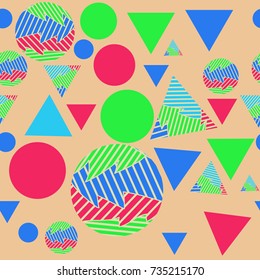 Triangles, circles abstract  seamless  pattern, stripes. Hand drawn.