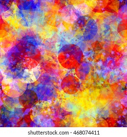 Triangles, circles, spots. Purple, blue, yellow, red. Abstract seamless vector pattern. For fabric, paper packaging, home design, book covers. Effect of watercolors and blur