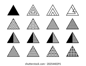 Dreiecke. Sammlung von 16 Symbolen. Lineare Design-Elemente. Trendy hipster Symbol, Logo, Label, Monogramm. Vektorgrafik. Einzeln auf weißem Hintergrund.