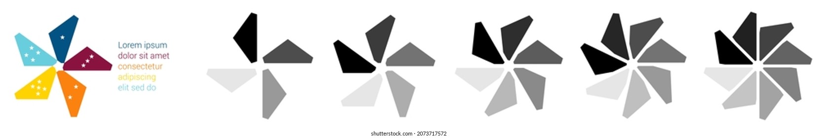 Triangles with cut edges arranged in circular shape, creating wind rose shape - can be used as infographics element with four to eight parts