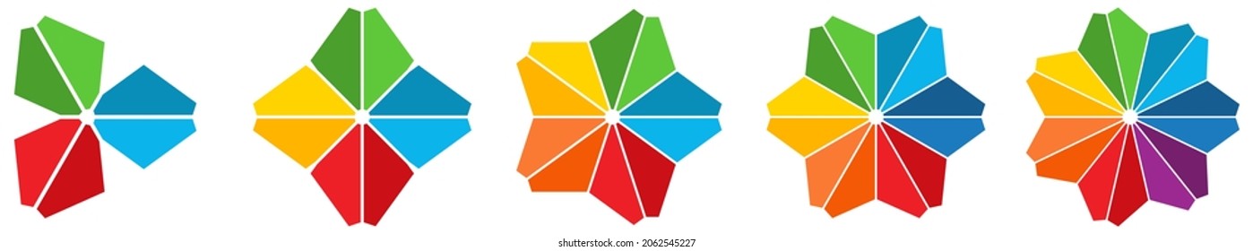 Triangles with different shades arranged on circle creating flower or star like shape. Version with three to seven objects. Can be used as infographics element