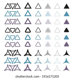 Triangles in different styles and widths. Blue, purple and black. On a white background.