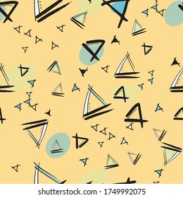 Triangles floating with color circles Hand drawn vector seamless pattern with ink doodles. surface design