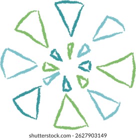 Triangles form a circular pattern with a textured, hand-drawn style.  The image shows radiating shapes creating a symmetrical floral motif. Cartoon vector illustration