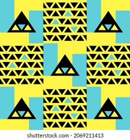 Triangles. Geometric abstract pattern consisting of yellow, black and blue triangles. Flat vector illustration.