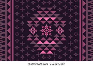 Triangles and geometric patterns Dark background with light floral pattern. The flowers in the center are bright pink. Purple-pink tones for designing textiles, sarong, carpets and unique products.