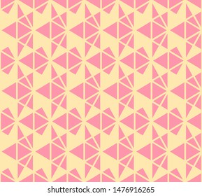 Triangles geometric seamless pattern. Vector texture in yellow and pink color. Elegant minimal graphic background with triangles, diamonds, net, grid. Simple abstract ornament. Cute repeating design