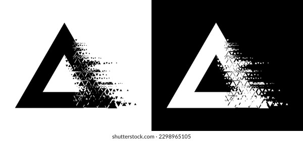 Triangles with glitch halftone texture. Black shape on a white background and the same white shape on the black side.