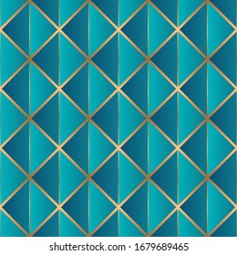 Triángulos de fondo vectorial transparente en azul dorado. Diseño geométrico mínimo de polígonos en baudios. Patrón de fondo triángulo de las celdas hombus de colores de moda. Las formas de cuadrícula y degradado se enfrian en segundo plano.
