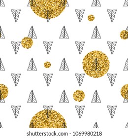 Triangles and golden circles, sequins. Seamless pattern. Geometric, abstract background. Doodle shapes.