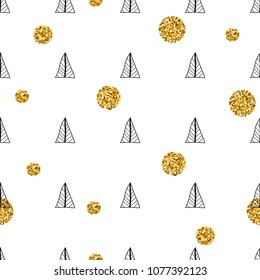 Triangles and golden circles, sequins. Seamless pattern. Geometric, abstract background. Doodle shapes.