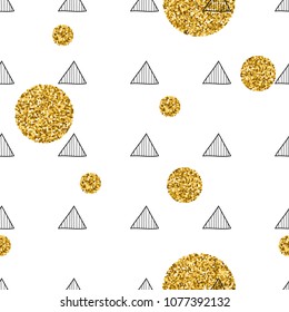 Triangles and golden circles, sequins. Seamless pattern. Geometric, abstract background. Doodle shapes.