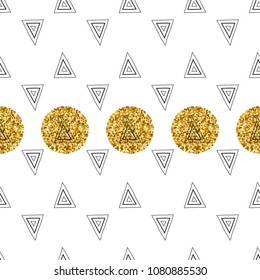 Triangles and golden circles, sequins. Seamless pattern. Geometric, abstract background. Doodle shapes.