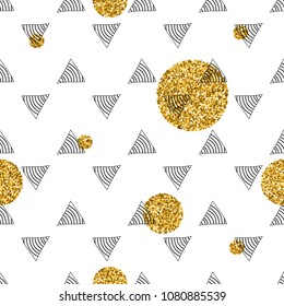 Triangles and golden circles, sequins. Seamless pattern. Geometric, abstract background. Doodle shapes.