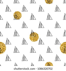 Triangles and golden circles, sequins. Seamless pattern. Geometric, abstract background. Doodle shapes.