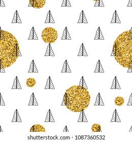 Triangles and golden circles, sequins. Seamless pattern. Geometric, abstract background. Doodle shapes.