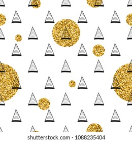 Triangles and golden circles, sequins. Seamless pattern. Geometric, abstract background. Doodle shapes.