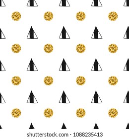 Triangles and golden circles, sequins. Seamless pattern. Geometric, abstract background. Doodle shapes.