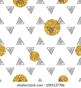 Triangles and golden circles, sequins. Seamless pattern. Geometric, abstract background. Doodle shapes.
