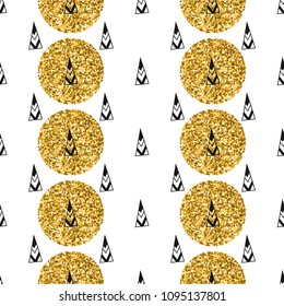 Triangles and golden circles, sequins. Seamless pattern. Geometric, abstract background. Doodle shapes.