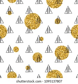 Triangles and golden circles, sequins. Seamless pattern. Geometric, abstract background. Doodle shapes.
