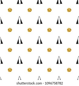 Triangles and golden circles, sequins. Seamless pattern. Geometric, abstract background. Doodle shapes.