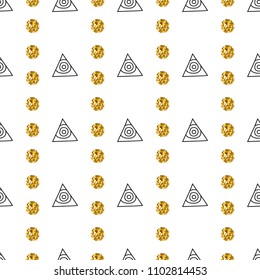 Triangles and golden circles, sequins. Seamless pattern. Geometric, abstract background. Doodle shapes.