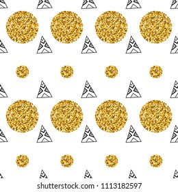 Triangles and golden circles, sequins. Seamless pattern. Geometric, abstract background. Doodle shapes.