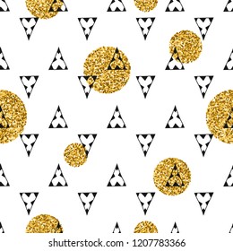 Triangles and golden circles, sequins. Seamless pattern. Geometric, abstract background. Doodle shapes.