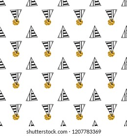 Triangles and golden circles, sequins. Seamless pattern. Geometric, abstract background. Doodle shapes.