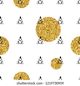 Triangles and golden circles, sequins. Seamless pattern. Geometric, abstract background. Doodle shapes.