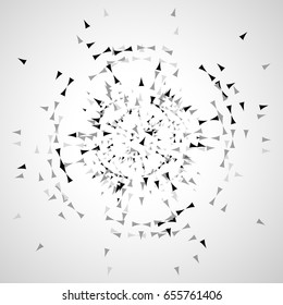 Triangles gray and white abstraction on white background circling chaotically in a circle. Abstract chaotic geometric pattern.