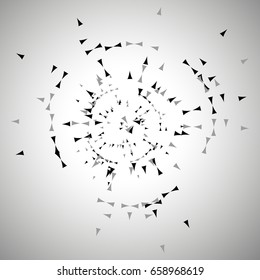 Triangles gray and white abstraction on white background circling chaotically in a circle. Abstract chaotic geometric pattern.