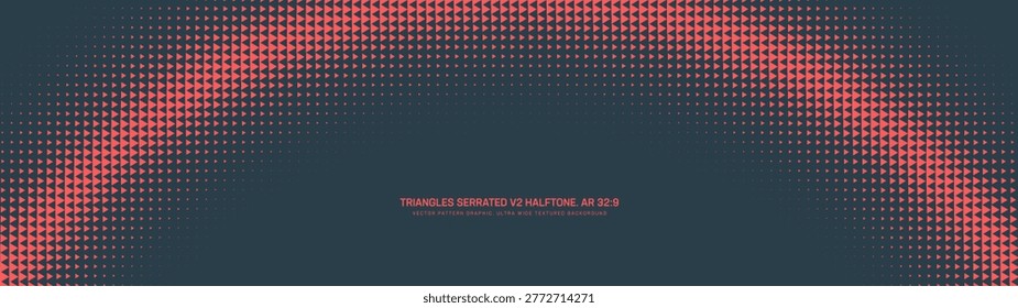 Triangles grid halftone serrated pattern semicircle arc border frame ultra wide 32:9 aspect ratio red black vector abstract background. Half tone ultrawide format retro futuristic 80s abstraction