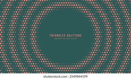 Triangles Halftone Pattern Concentric Circles Frame Vector Orange Green Abstract Background. Retro Futuristic Sci-Fi Technology Art Illustration. Modern Half Tone Eye Catching Graphical Wallpaper