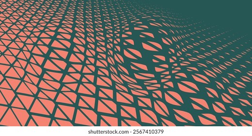 Triangles Halftone Pattern Radial Border Vector Orange Green Abstract Background. Ultra Modern Minimalistic Art Half Tone Graphics Eye Catching Wallpaper. Retro Futuristic Technology Art Illustration