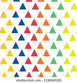 Triangles hand-drawn vector seamless pattern. Geometric shape pattern. Scattered triangles in blue, orange, red, green, and yellow on a white background.